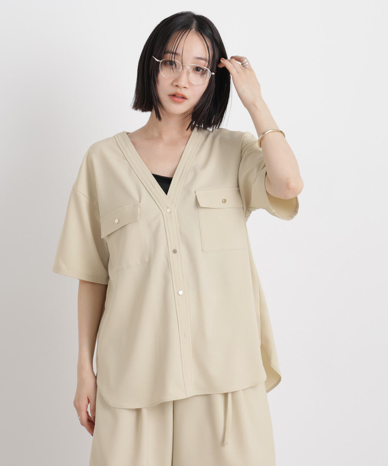 メランジストレッチポケットVネックブラウス(セットアップ可) 6736121316