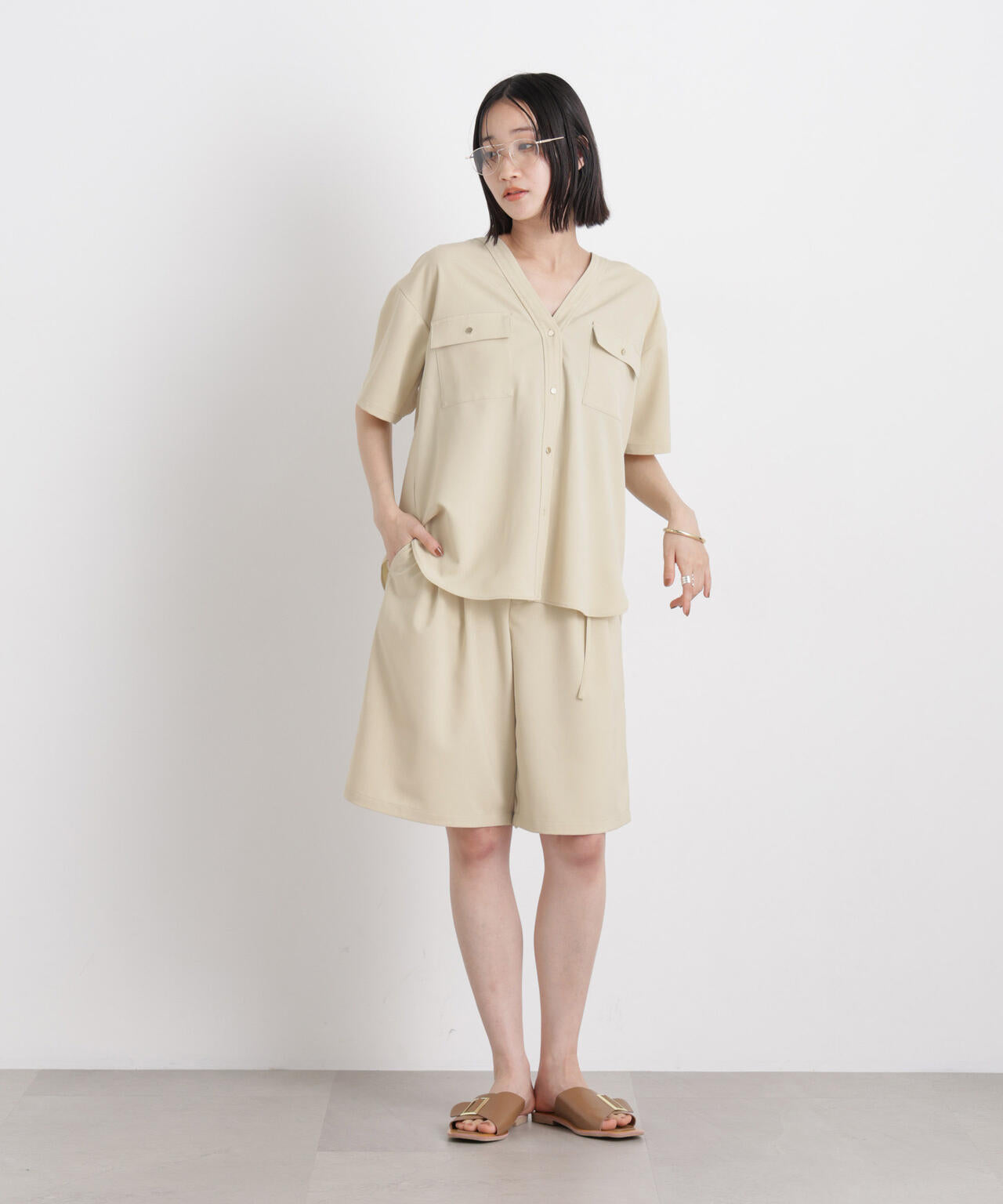 メランジストレッチポケットVネックブラウス(セットアップ可) 6736121316