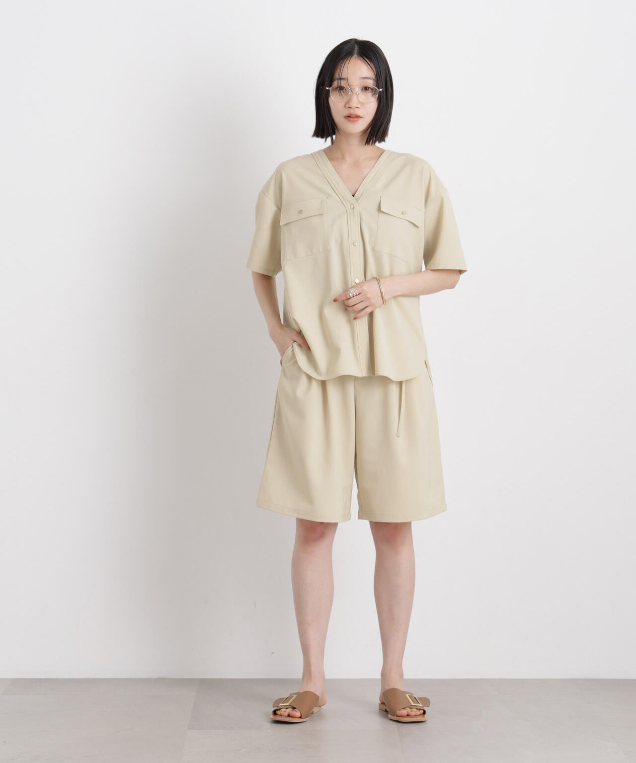 メランジストレッチポケットVネックブラウス(セットアップ可) 6736121316