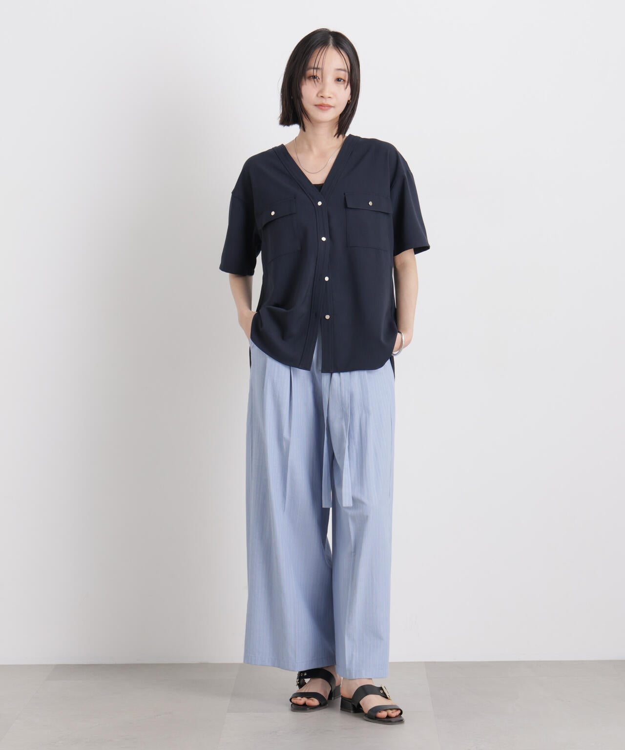 メランジストレッチポケットVネックブラウス(セットアップ可) 6736121316