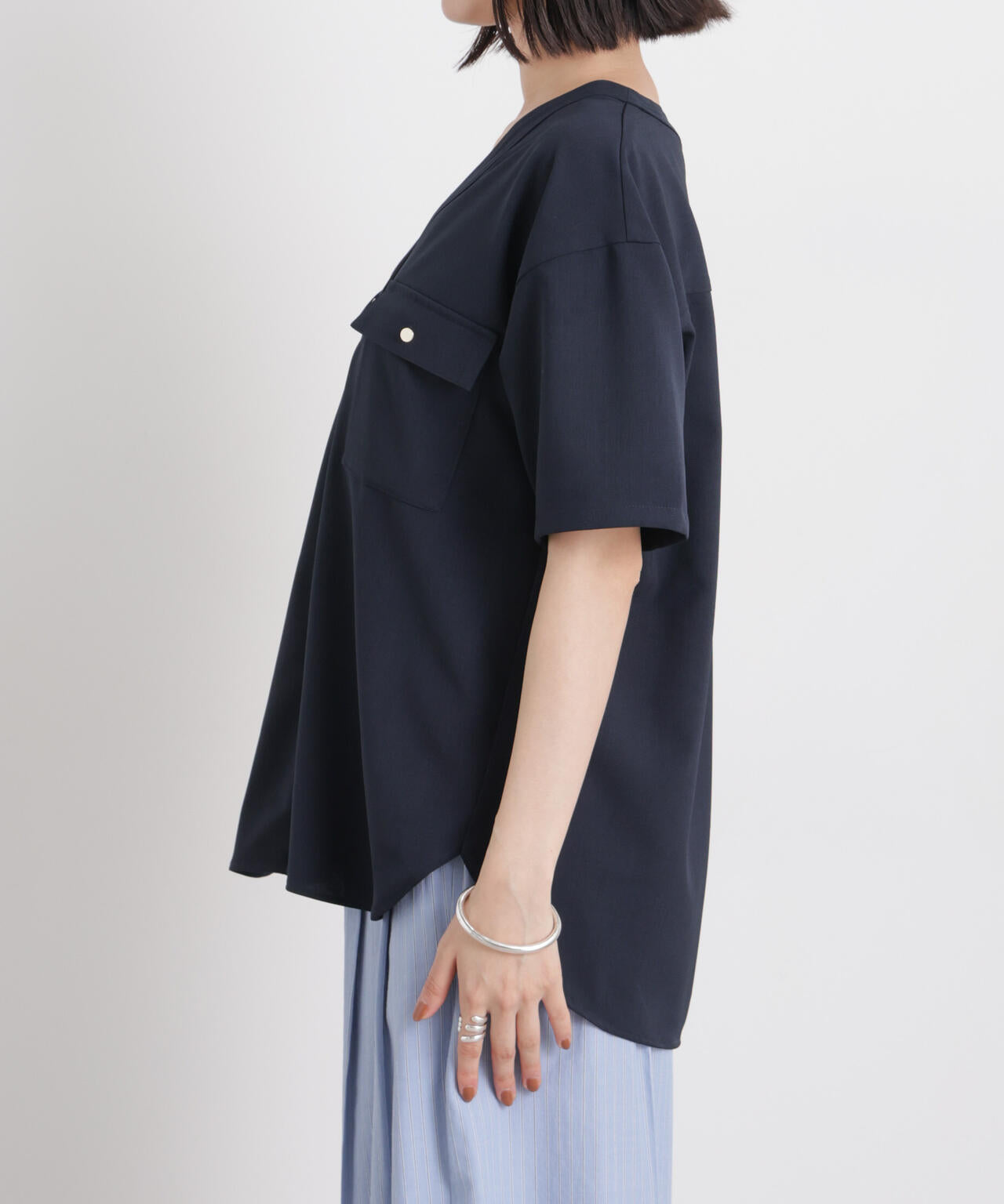 メランジストレッチポケットVネックブラウス(セットアップ可) 6736121316