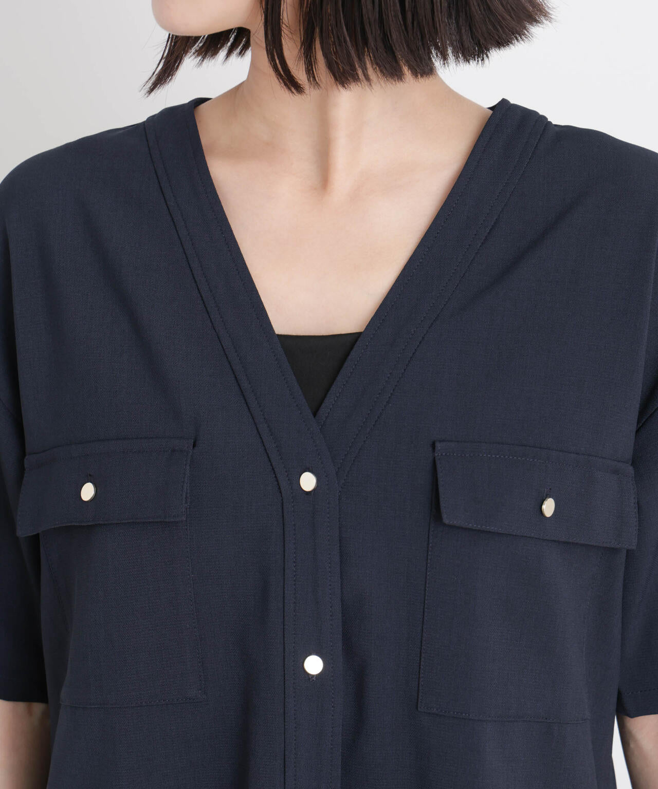 メランジストレッチポケットVネックブラウス(セットアップ可) 6736121316