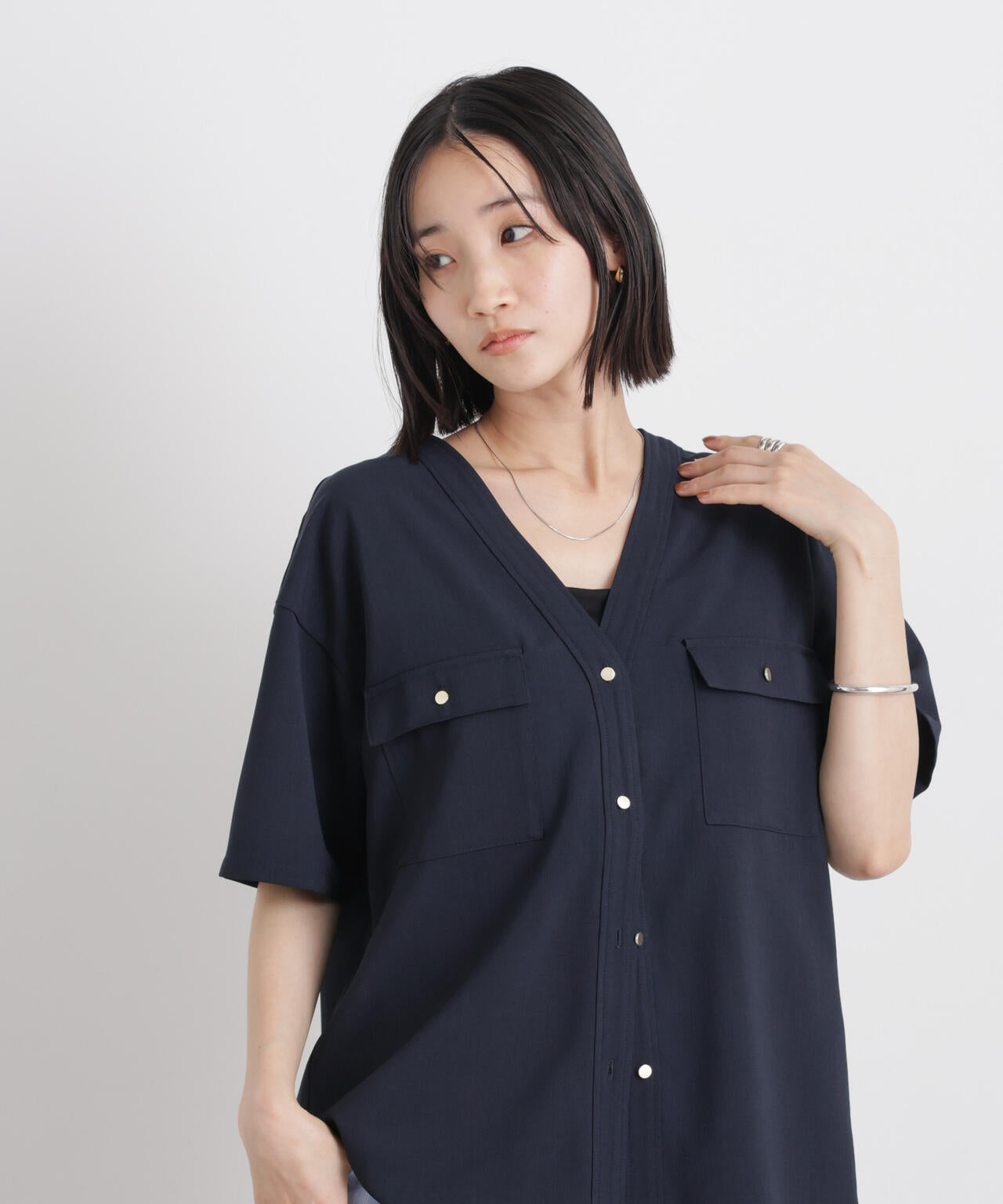 メランジストレッチポケットVネックブラウス(セットアップ可) 6736121316