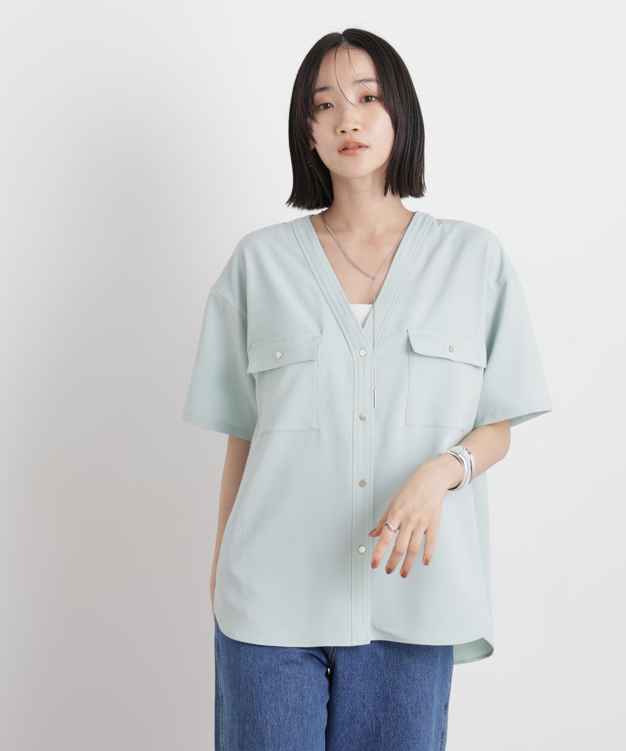 メランジストレッチポケットVネックブラウス(セットアップ可) 6736121316