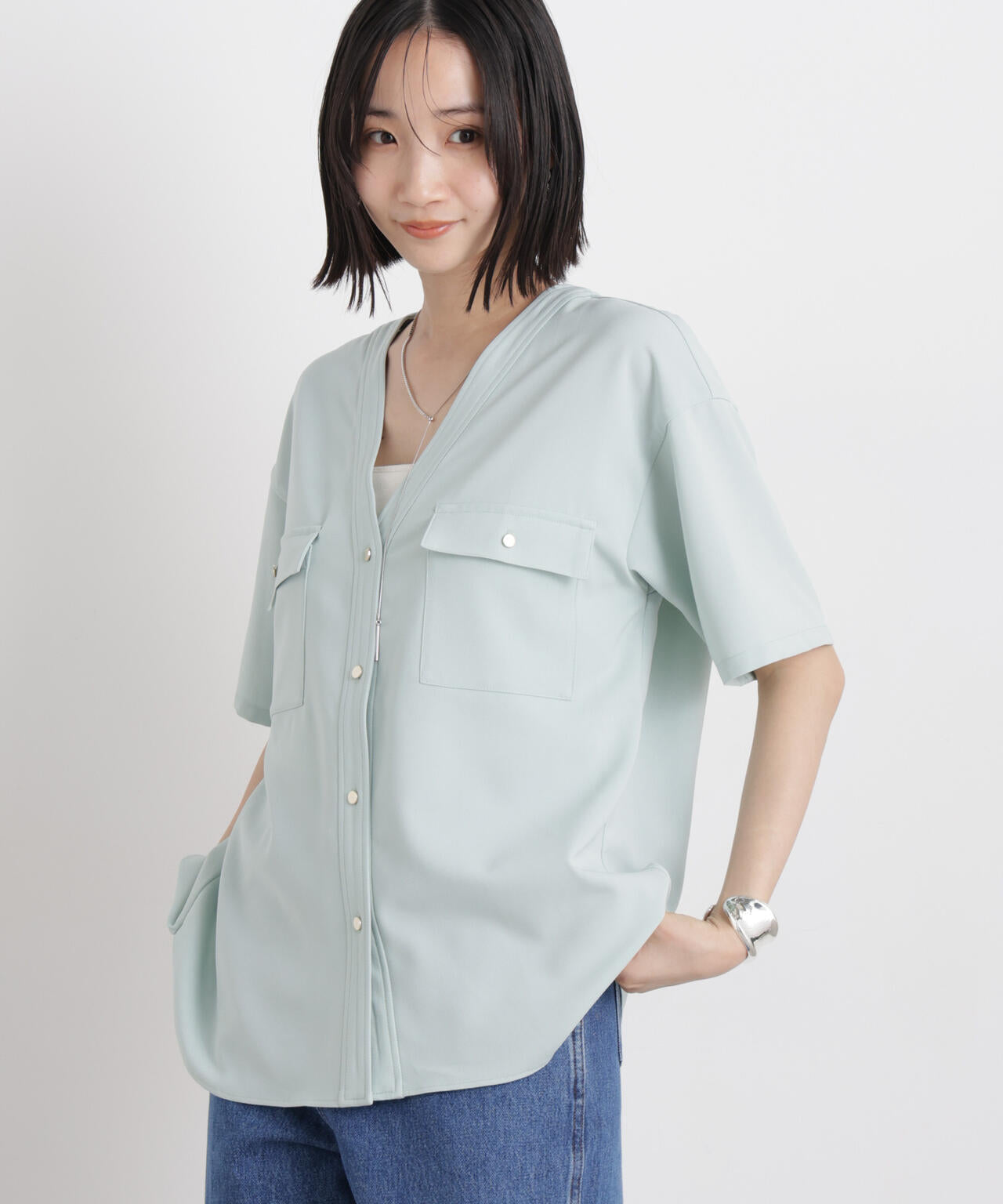 メランジストレッチポケットVネックブラウス(セットアップ可) 6736121316