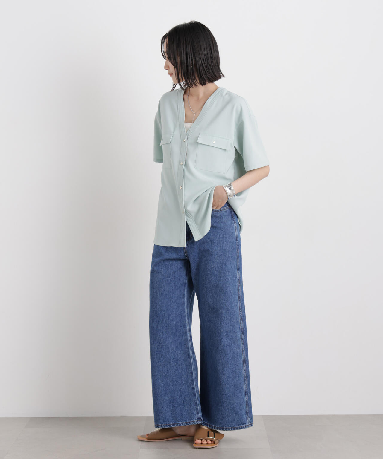 メランジストレッチポケットVネックブラウス(セットアップ可) 6736121316