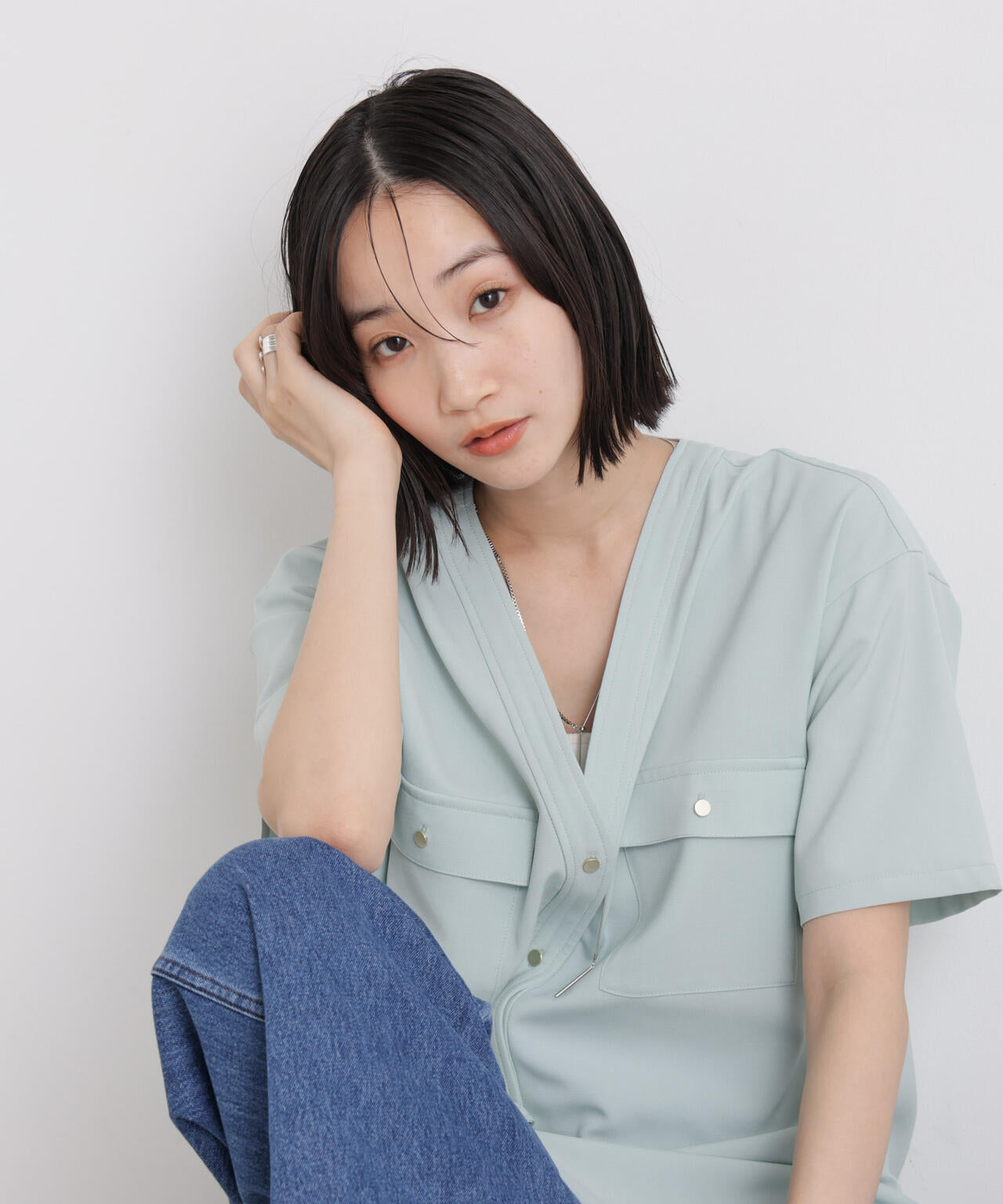 メランジストレッチポケットVネックブラウス(セットアップ可) 6736121316