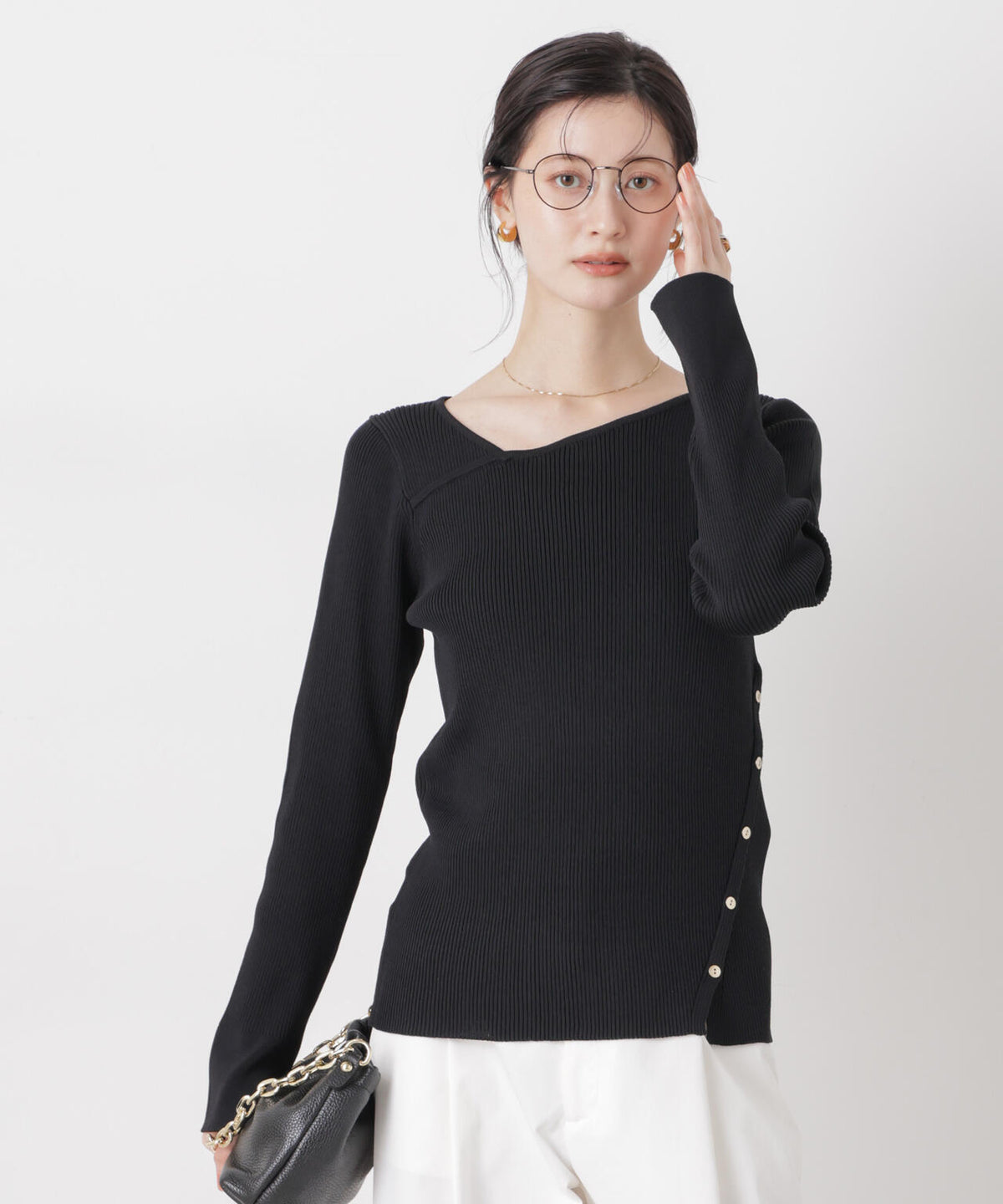洗濯機洗可アシンメトリーネックデザインリブニット 6736122320