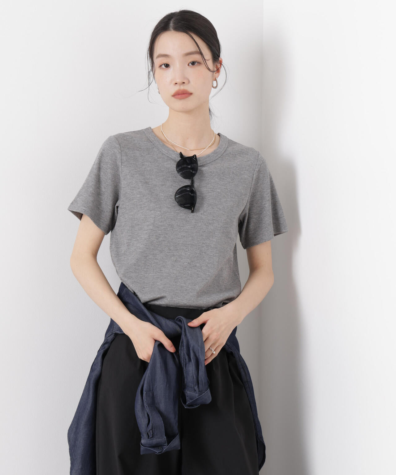 ラメリブカットクルーネックTシャツ 6736124316