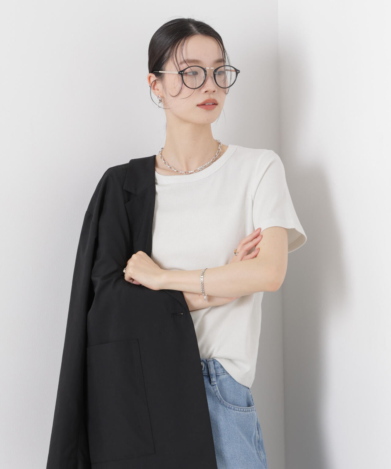 ラメリブカットクルーネックTシャツ 6736124316