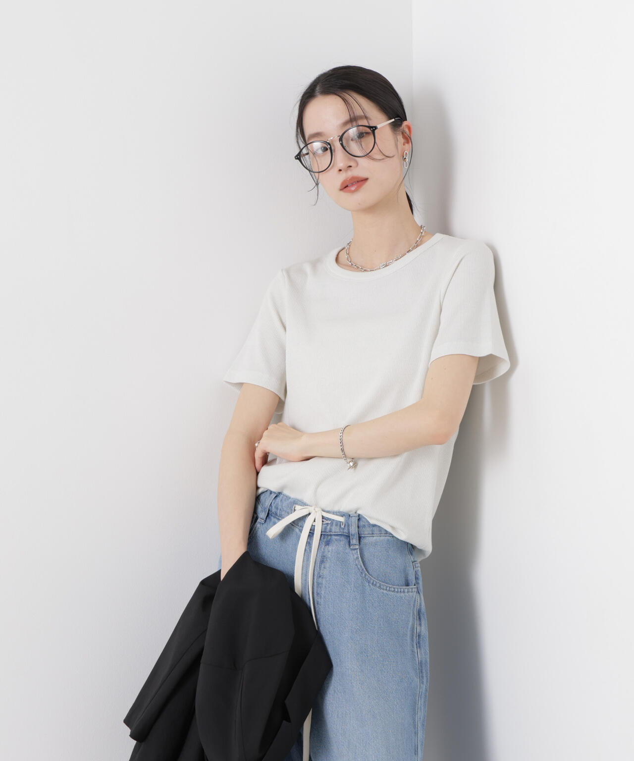 ラメリブカットクルーネックTシャツ 6736124316