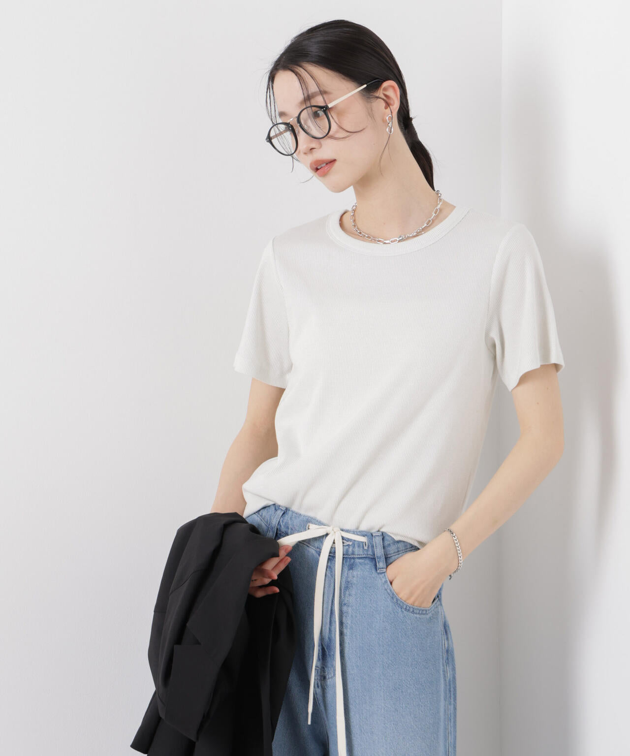 ラメリブカットクルーネックTシャツ 6736124316