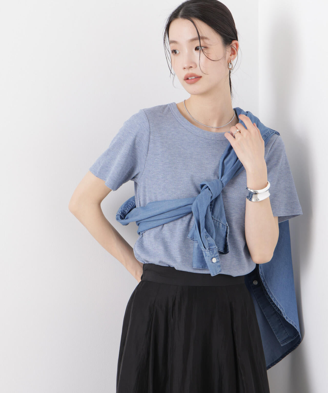 ラメリブカットクルーネックTシャツ 6736124316