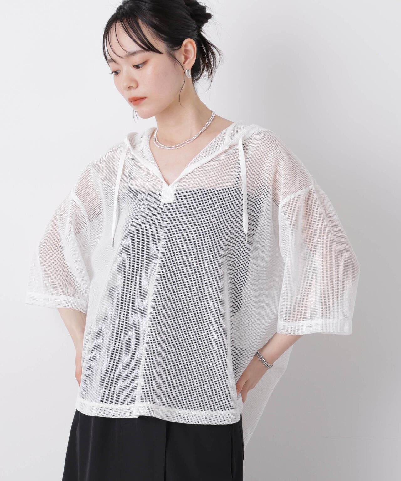 キーネックメッシュフーディートップス 6736124340