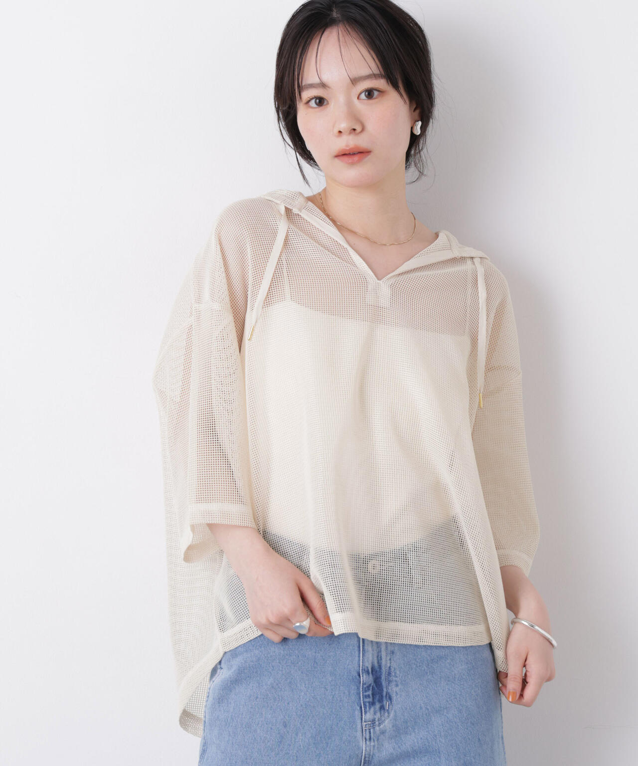 キーネックメッシュフーディートップス 6736124340