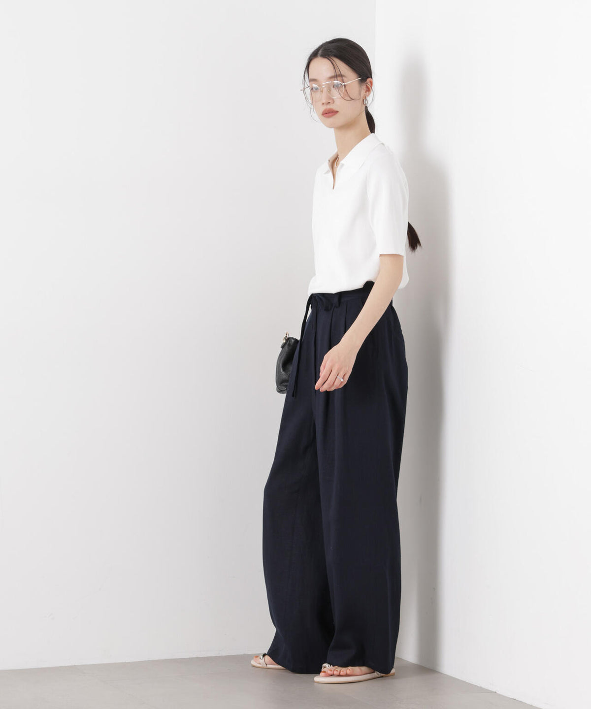 多機能リネン混リボンベルト付タックワイドパンツ(セットアップ可) 6736127313