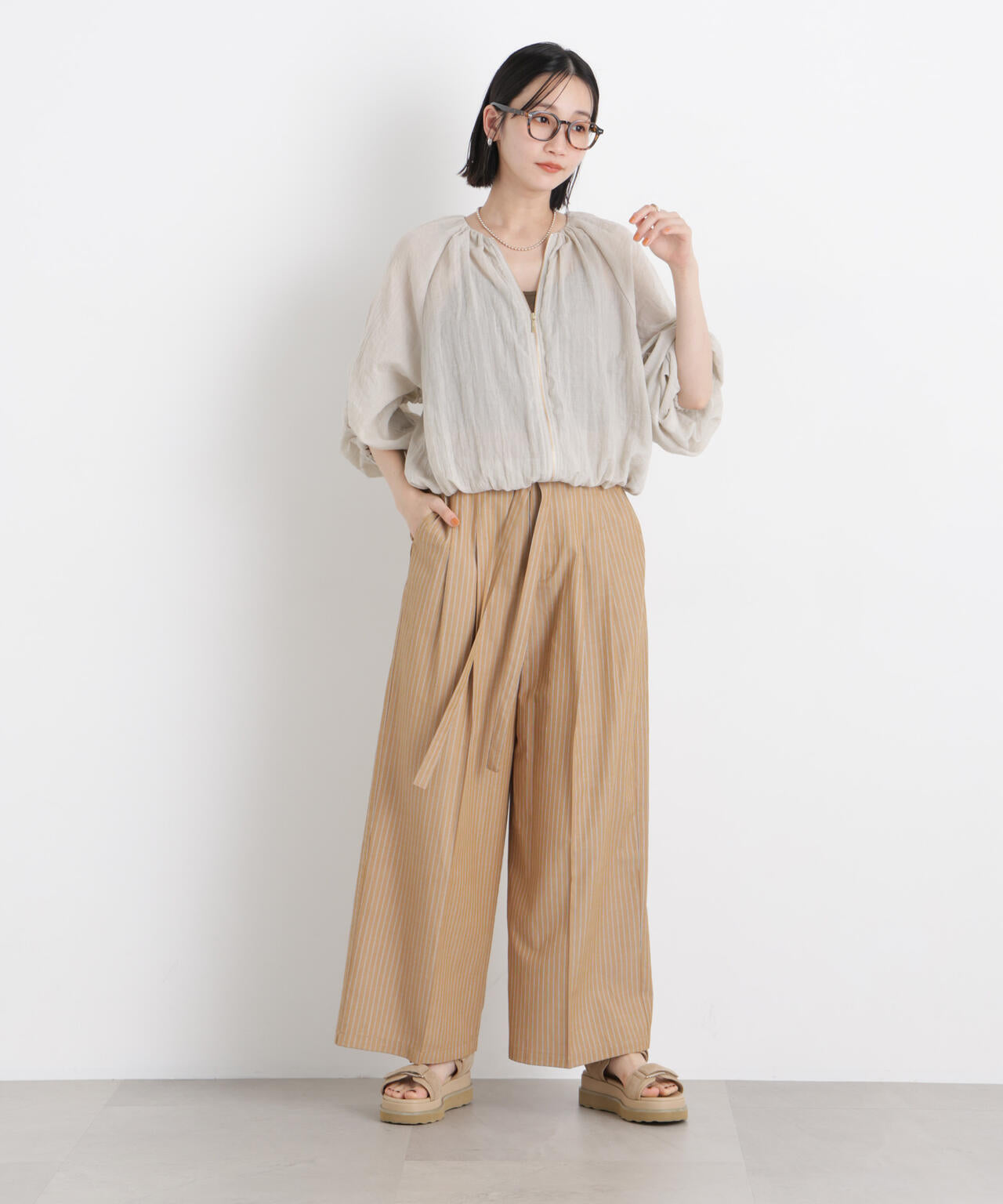 ドビーストライプベルト付タックワイドパンツ(セットアップ可) 6736127314
