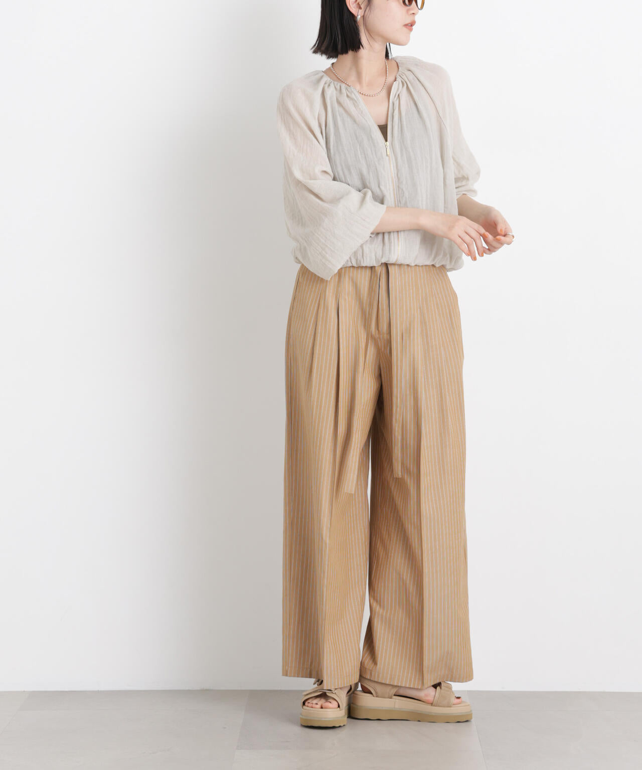ドビーストライプベルト付タックワイドパンツ(セットアップ可) 6736127314