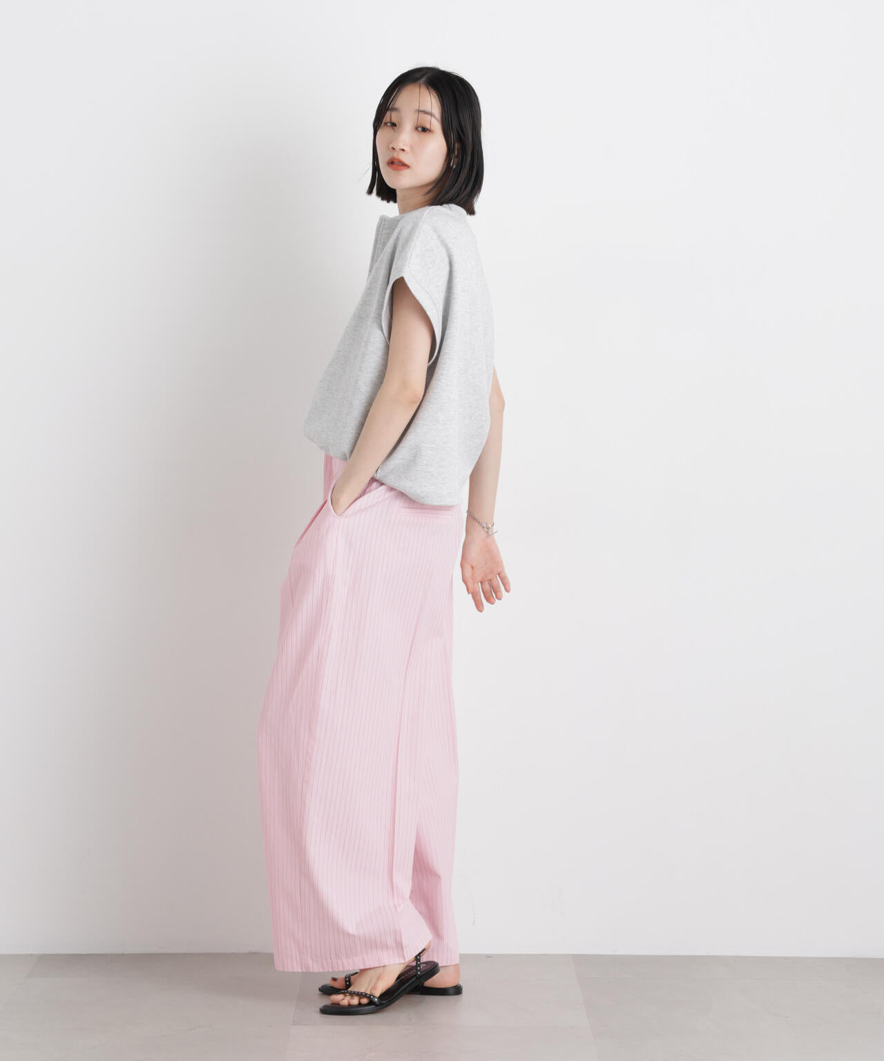 ドビーストライプベルト付タックワイドパンツ(セットアップ可) 6736127314