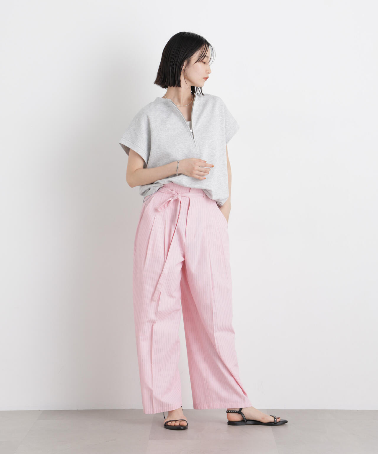ドビーストライプベルト付タックワイドパンツ(セットアップ可) 6736127314