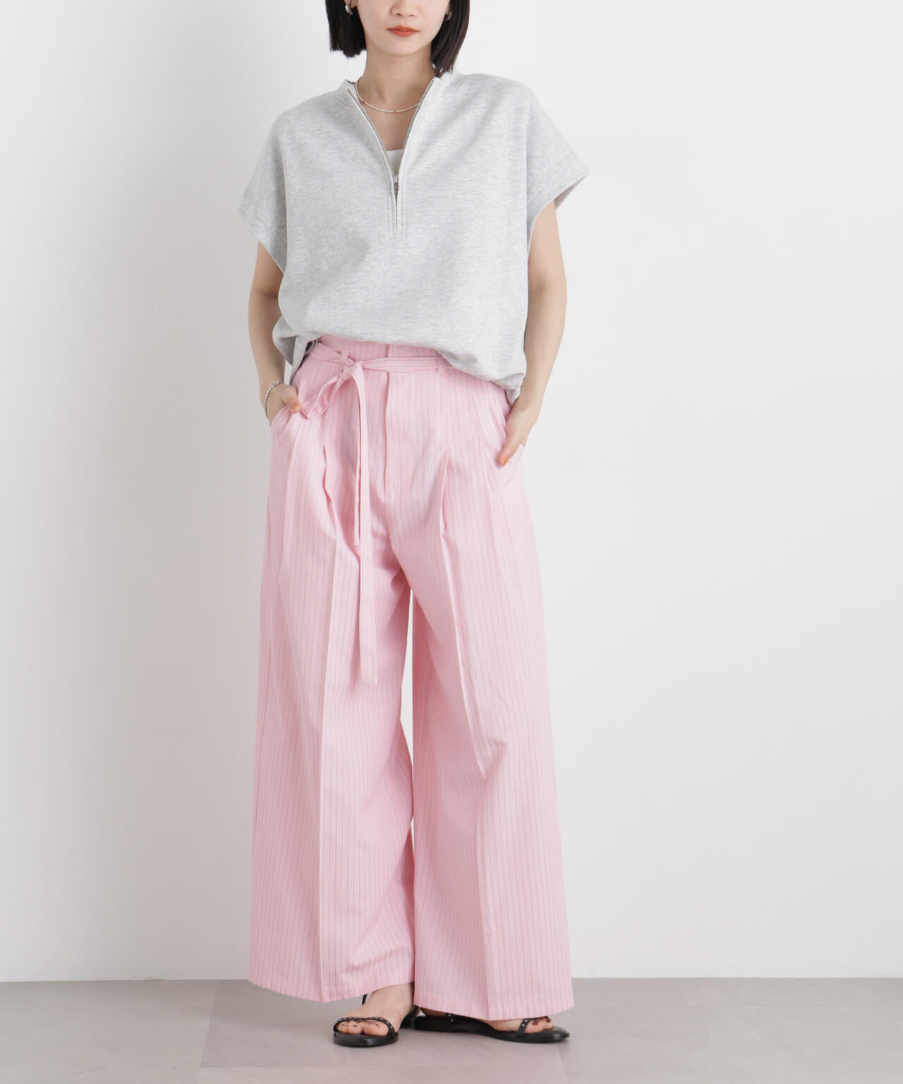 ドビーストライプベルト付タックワイドパンツ(セットアップ可) 6736127314