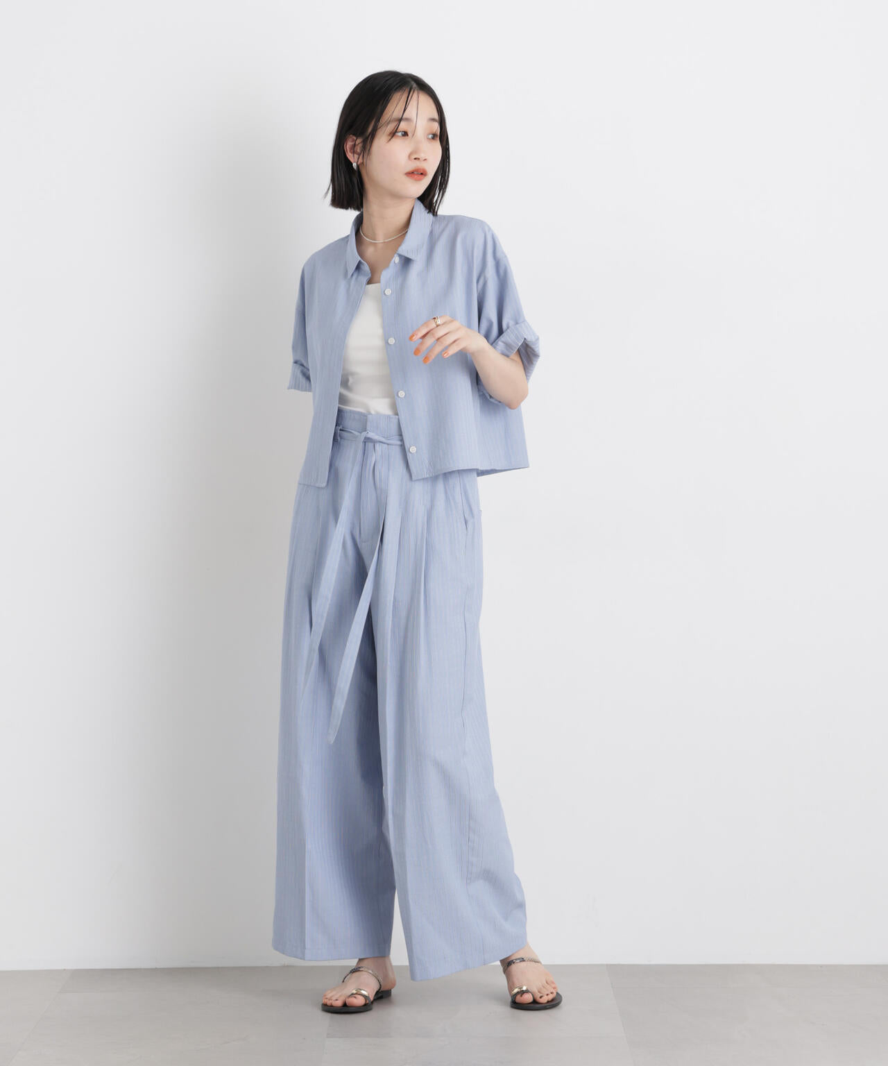 ドビーストライプベルト付タックワイドパンツ(セットアップ可) 6736127314