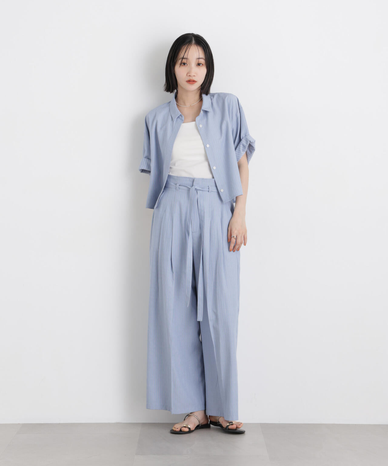 ドビーストライプベルト付タックワイドパンツ(セットアップ可) 6736127314