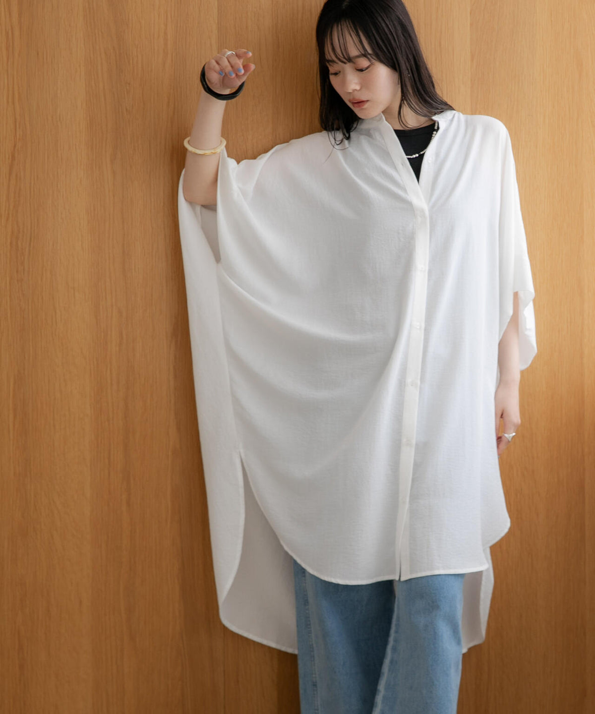 WEB限定/多機能素材 バンドカラーワイドチュニックシャツワンピース 6736219303