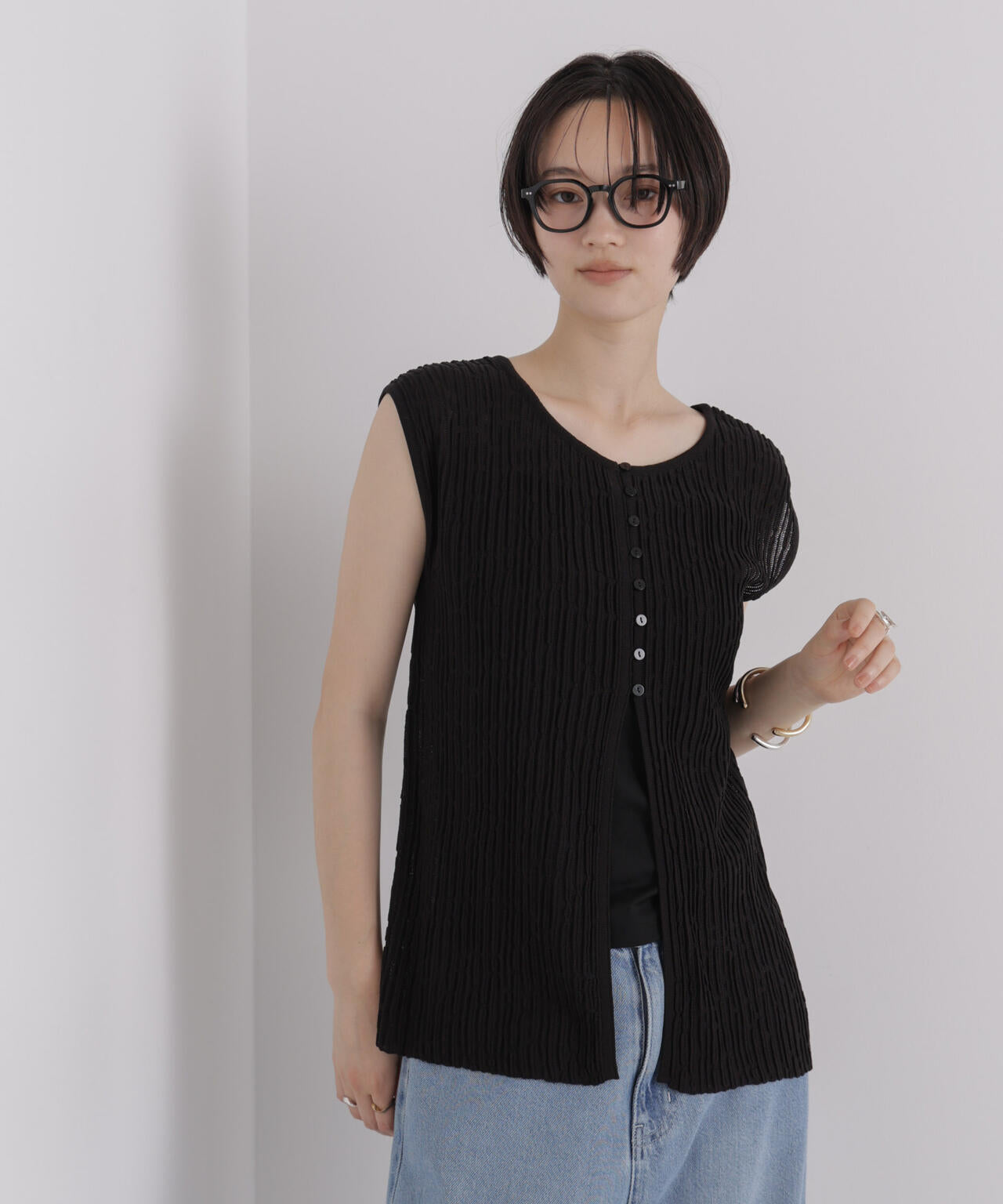 前後2way楊柳ライクニット多ボタンノースリーブトップス(セットアップ可) 6736222309