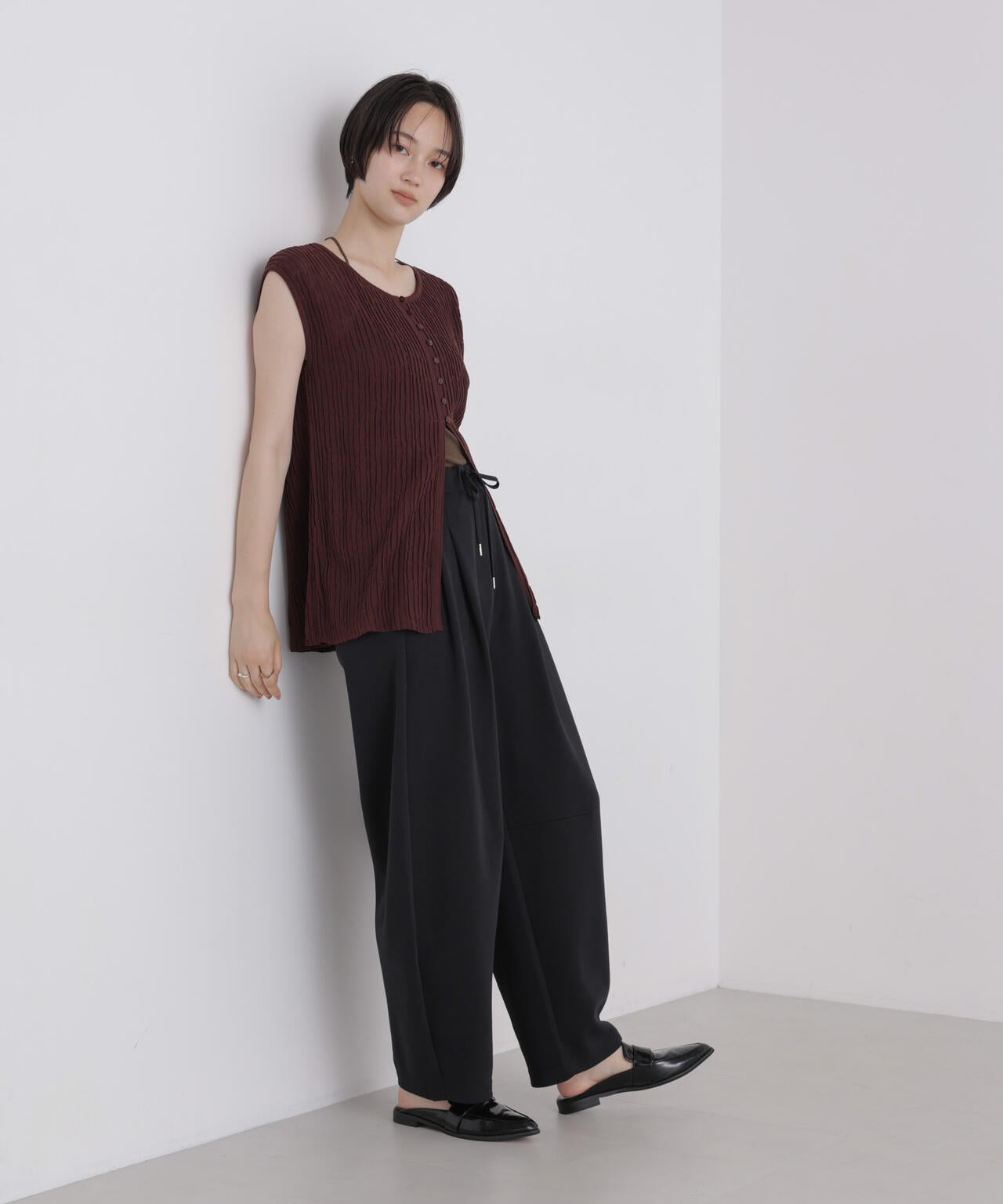 前後2way楊柳ライクニット多ボタンノースリーブトップス(セットアップ可) 6736222309