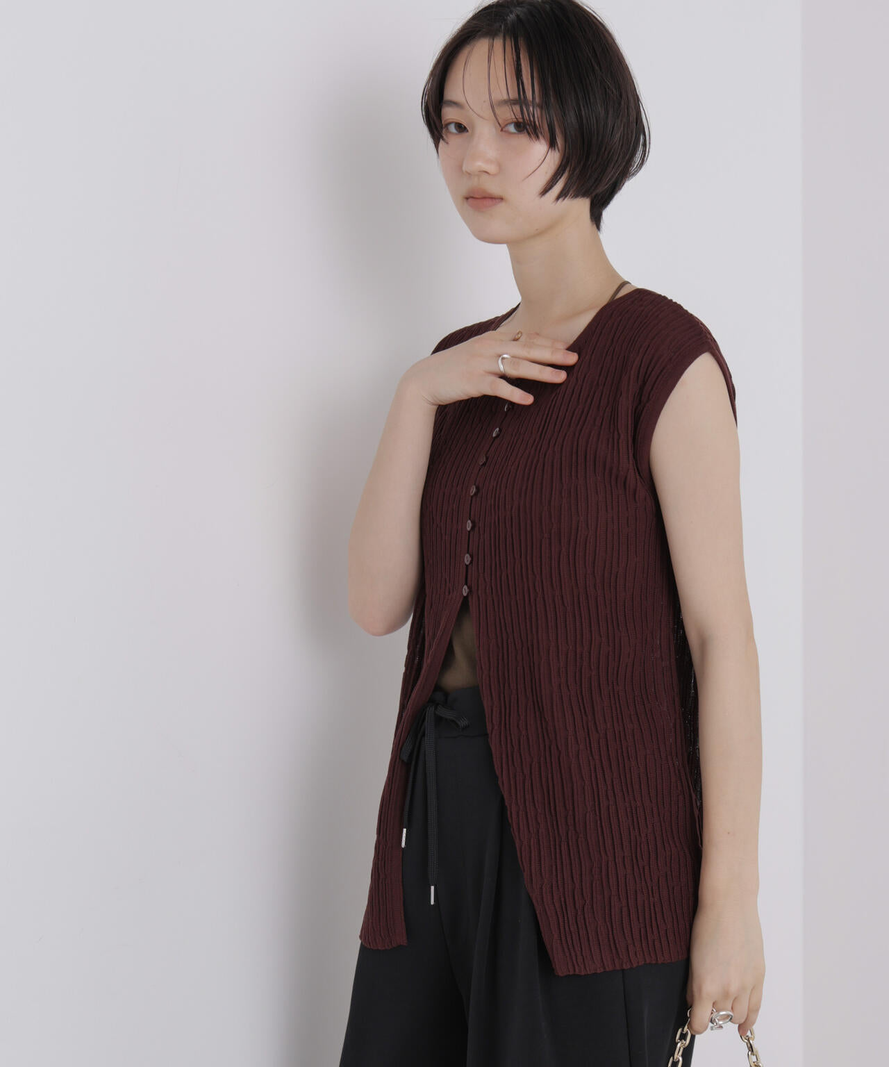 前後2way楊柳ライクニット多ボタンノースリーブトップス(セットアップ可) 6736222309