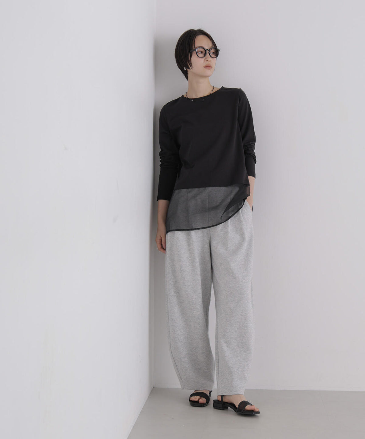 オーガンジーヘム切り替えロングスリーブTシャツ 6736223304