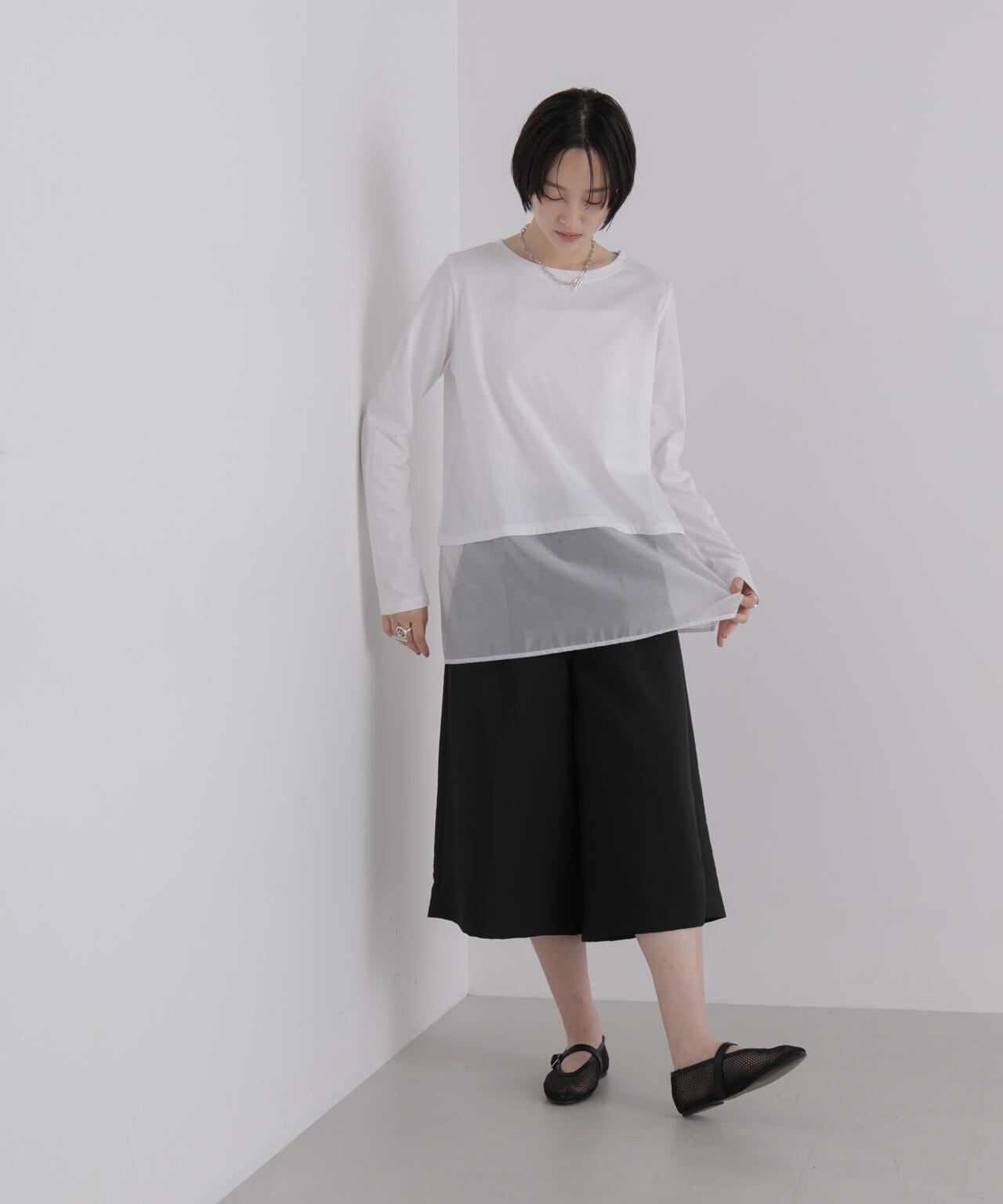 オーガンジーヘム切り替えロングスリーブTシャツ 6736223304