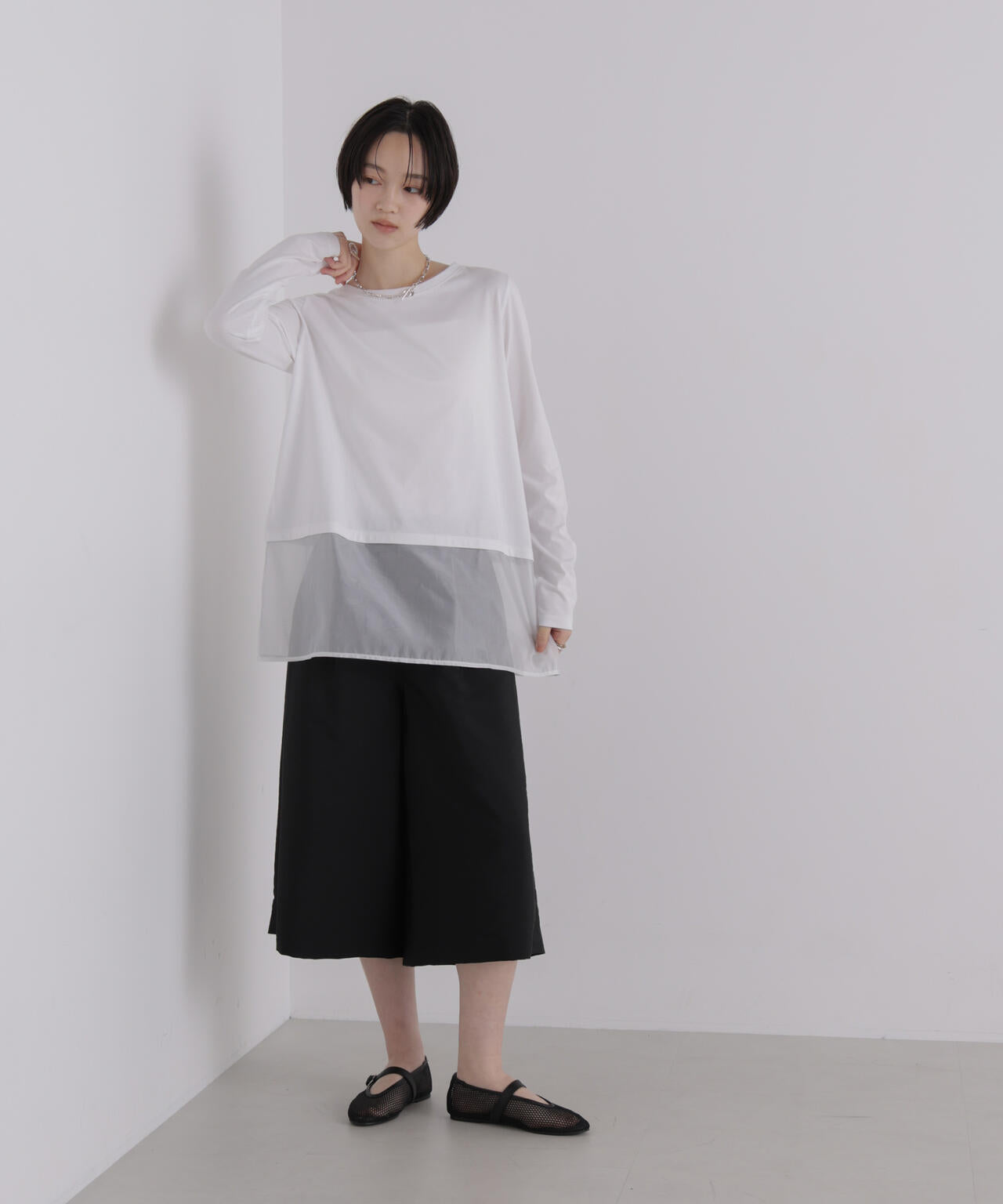 オーガンジーヘム切り替えロングスリーブTシャツ 6736223304