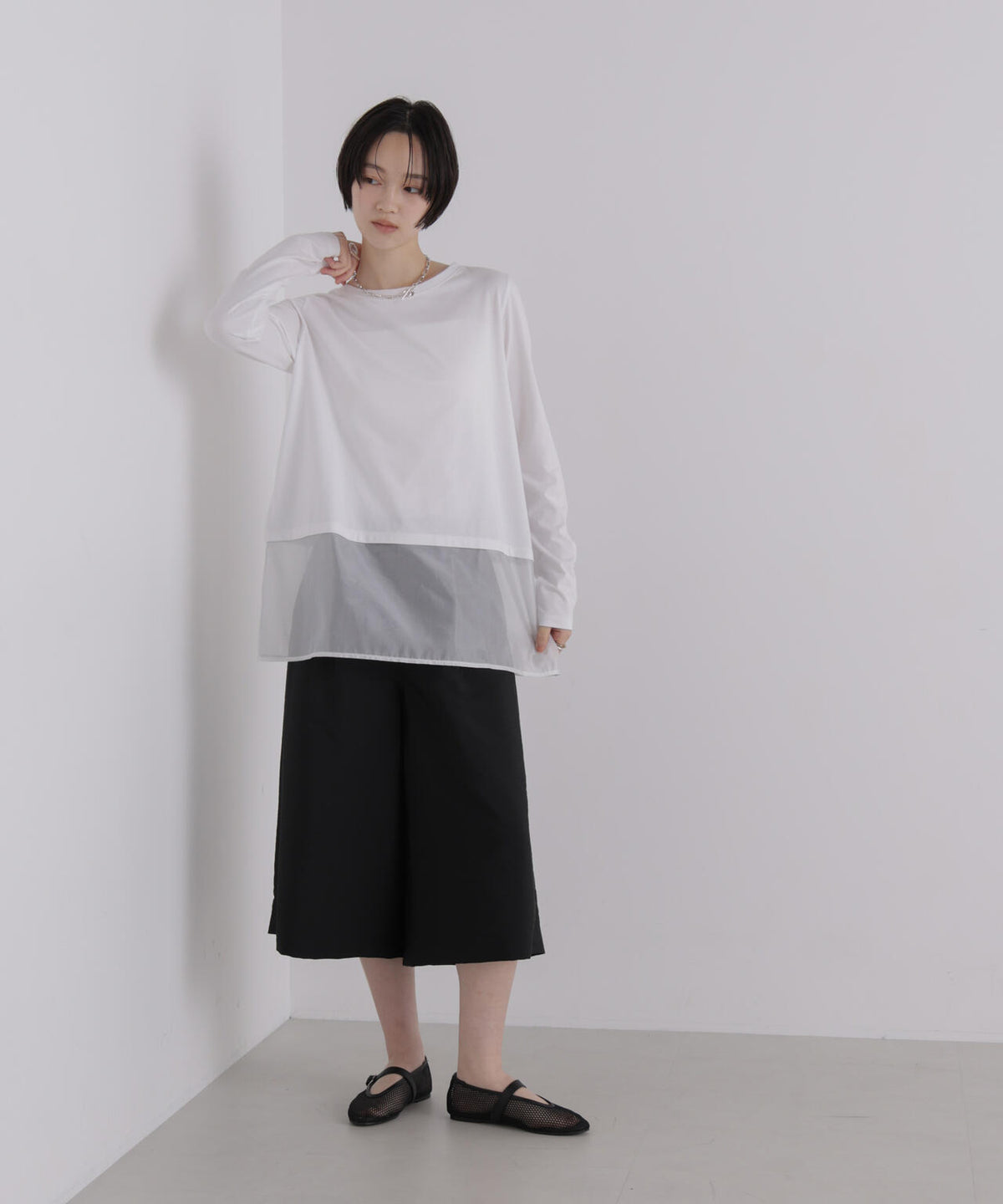 オーガンジーヘム切り替えロングスリーブTシャツ 6736223304