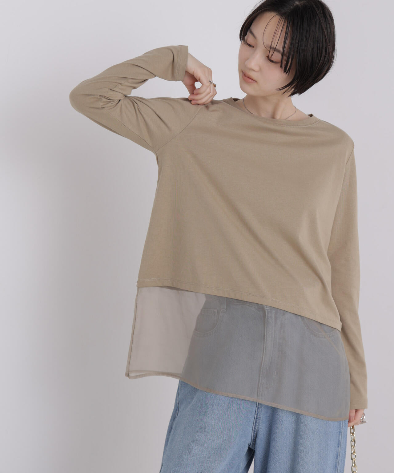 オーガンジーヘム切り替えロングスリーブTシャツ 6736223304