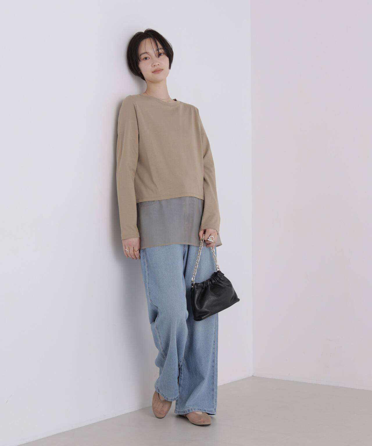 オーガンジーヘム切り替えロングスリーブTシャツ 6736223304