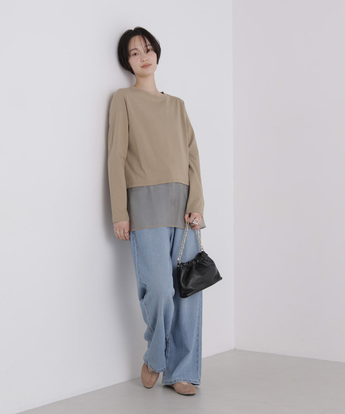 オーガンジーヘム切り替えロングスリーブTシャツ 6736223304