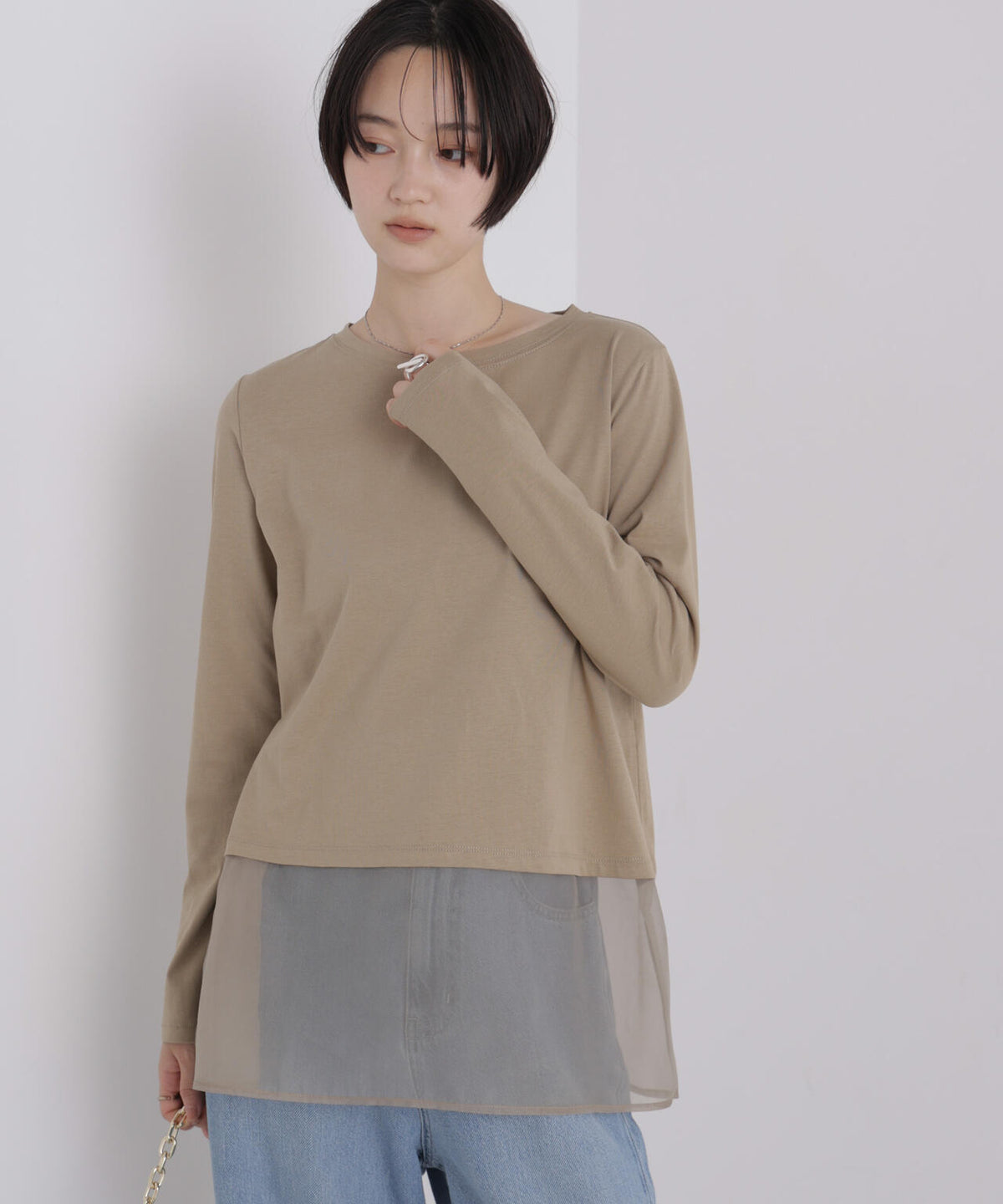 オーガンジーヘム切り替えロングスリーブTシャツ 6736223304