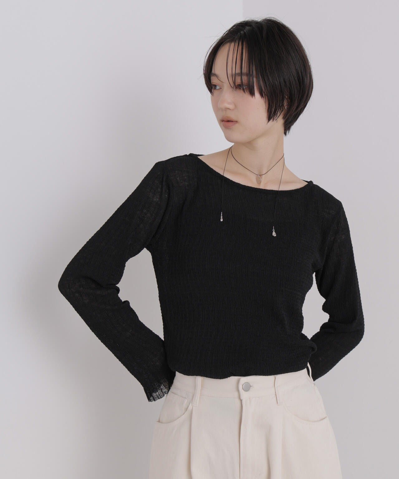 シアープリーツカットロングスリーブトップス 6736223306