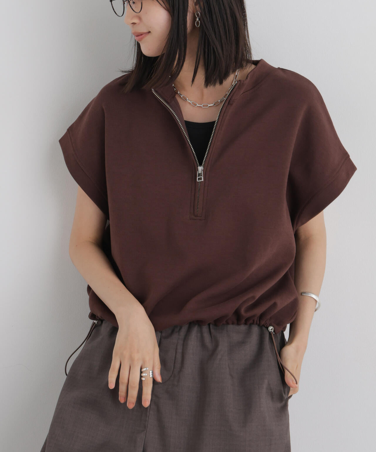 接触冷感ダンボールカットハーフジップトップス(セットアップ可) 6736224307