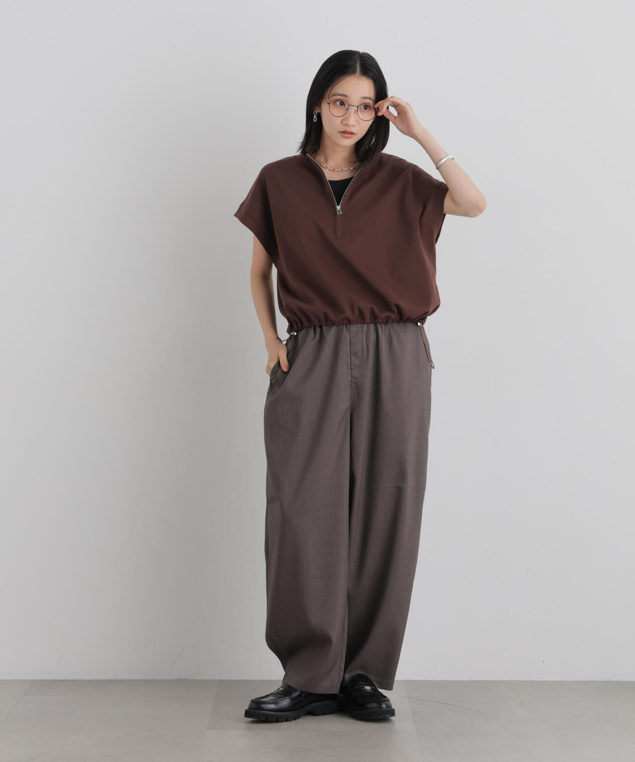 接触冷感ダンボールカットハーフジップトップス(セットアップ可) 6736224307