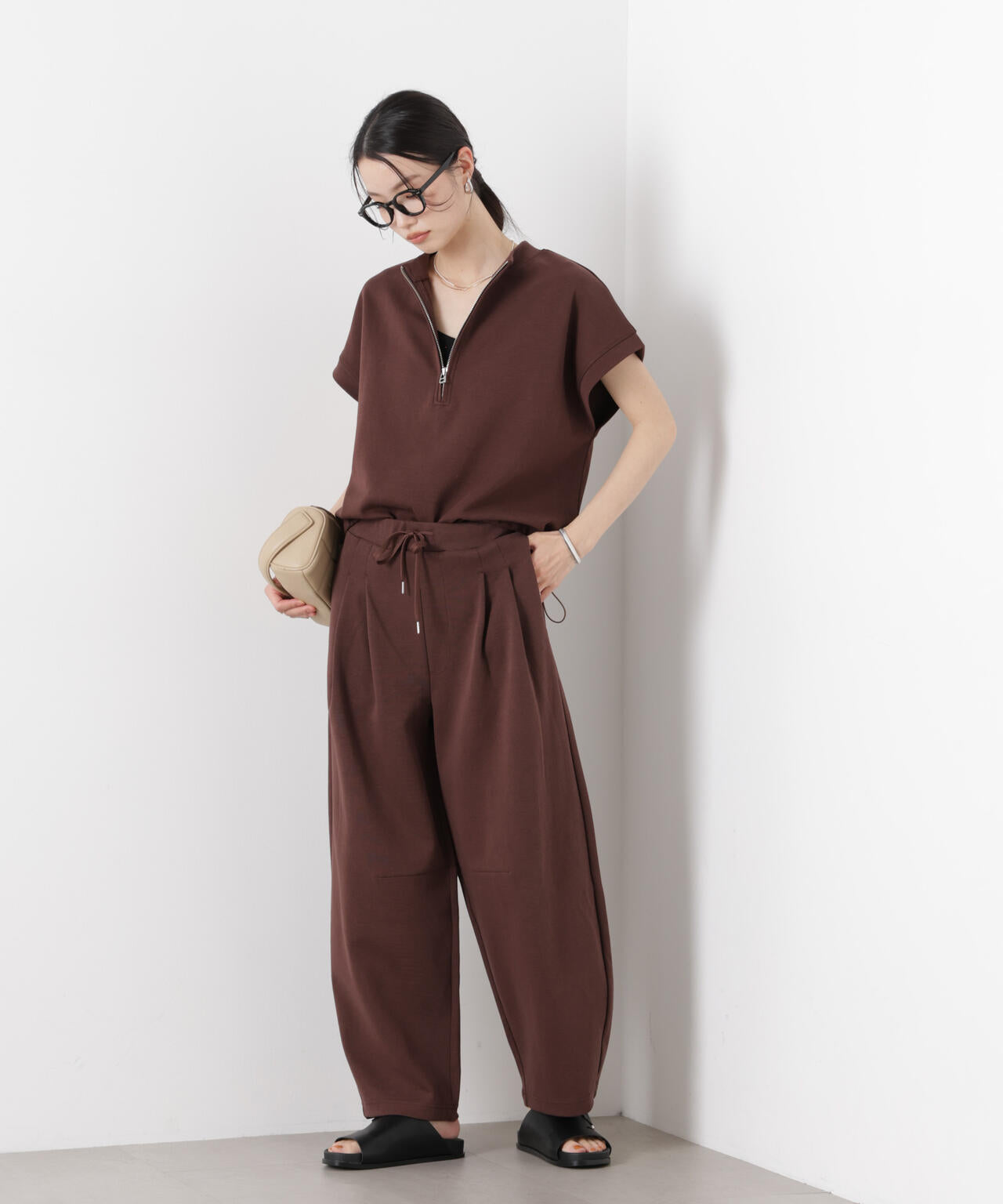 接触冷感ダンボールカットハーフジップトップス(セットアップ可) 6736224307