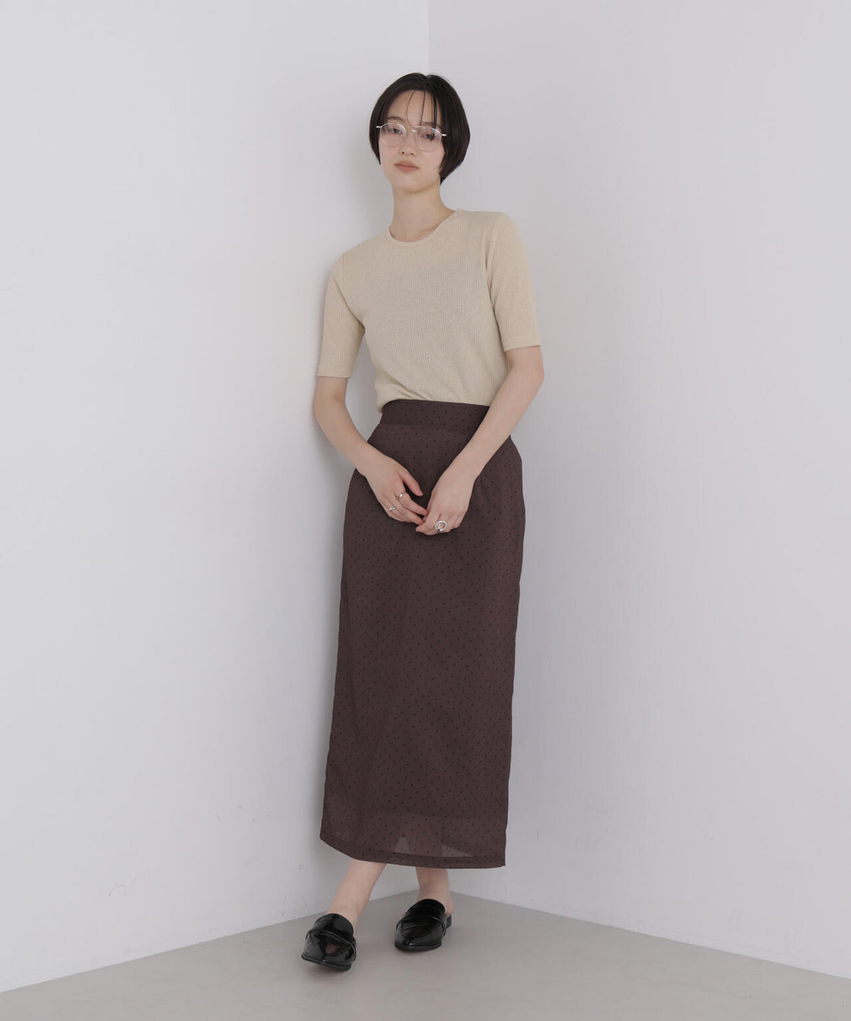 ソフトシアーリブクルーネック半袖トップス 6736224310