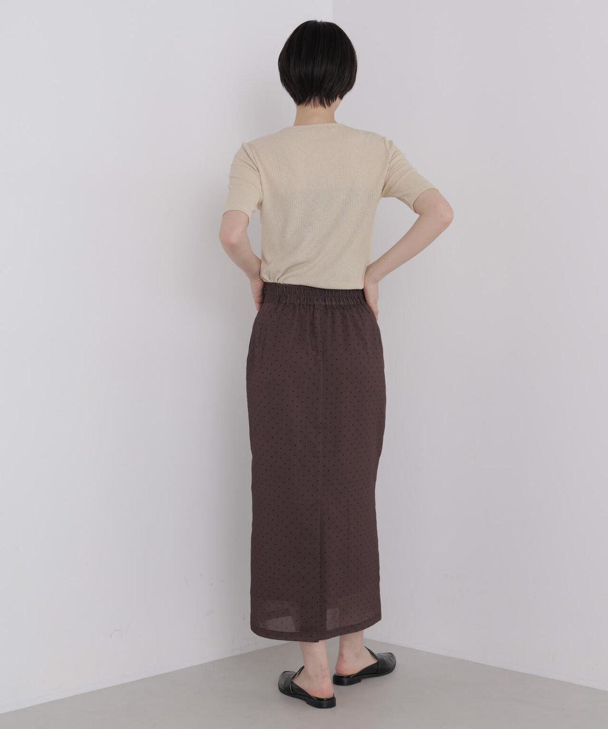 ソフトシアーリブクルーネック半袖トップス 6736224310