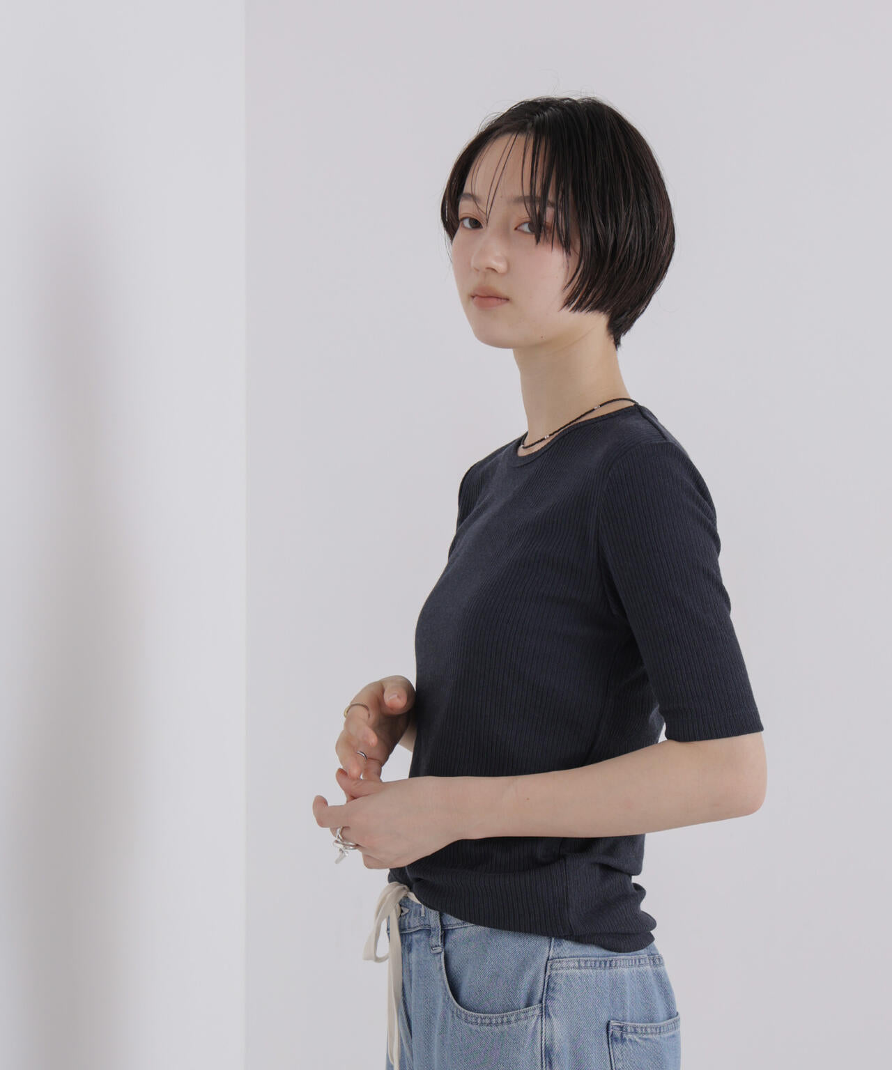 ソフトシアーリブクルーネック半袖トップス 6736224310