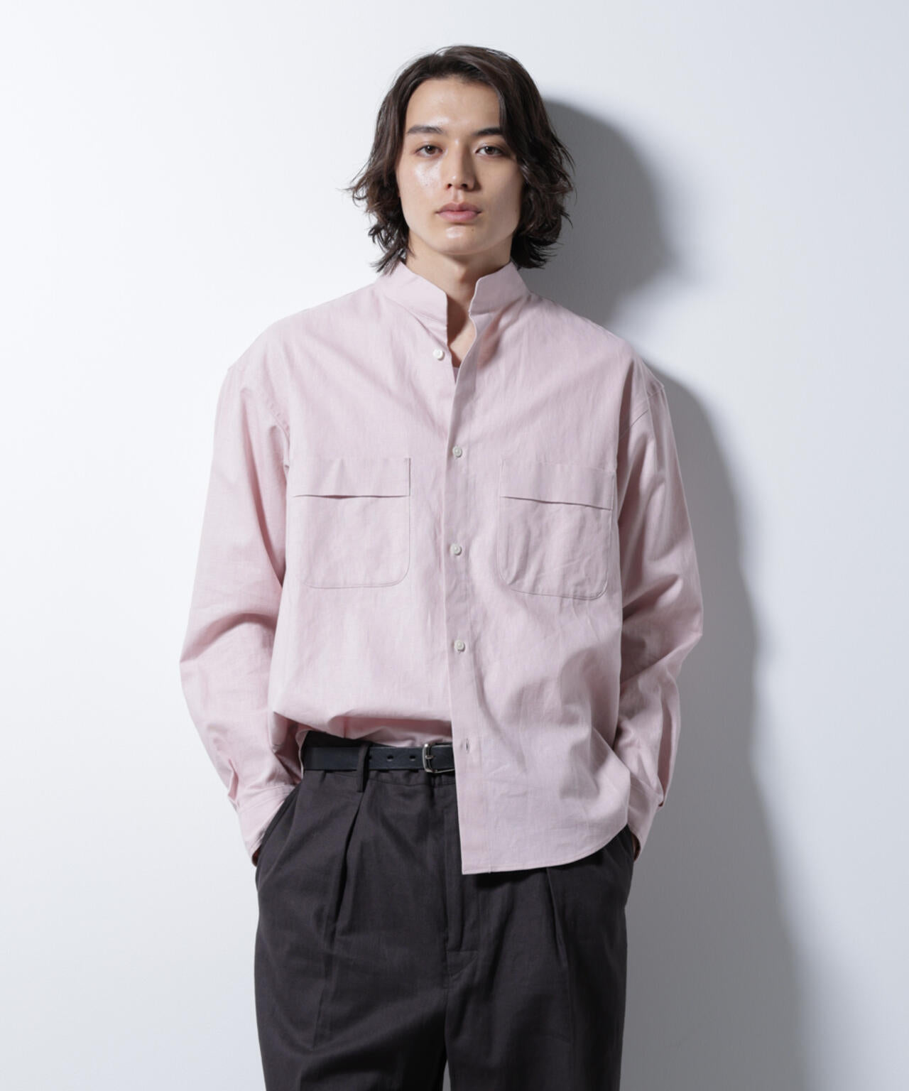 「BELGIUM LINEN FABRICS」リネンコットンスタンドカラーシャツ 6685120219