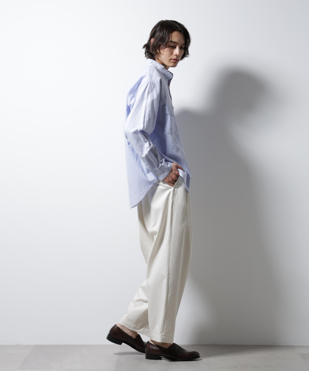 「BELGIUM LINEN FABRICS」リネンコットンスタンドカラーシャツ 6685120219