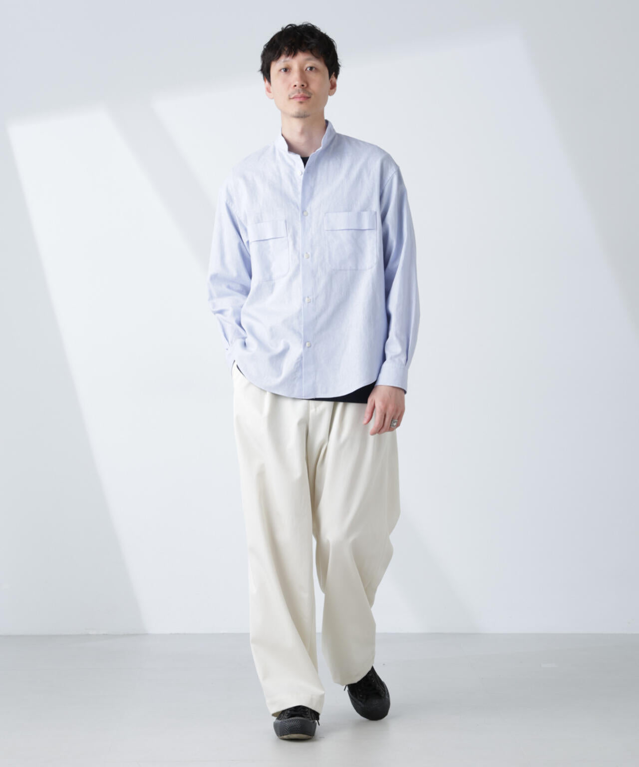 「BELGIUM LINEN FABRICS」リネンコットンスタンドカラーシャツ 6685120219