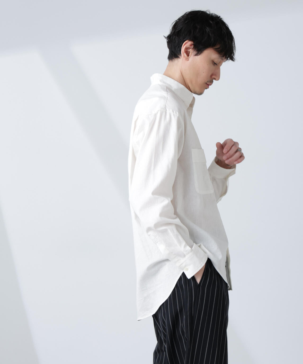 「BELGIUM LINEN FABRICS」リネンコットンスタンドカラーシャツ 6685120219